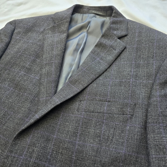 Calvin Klein Gray Purple Windowpane Wool Blazer 43R